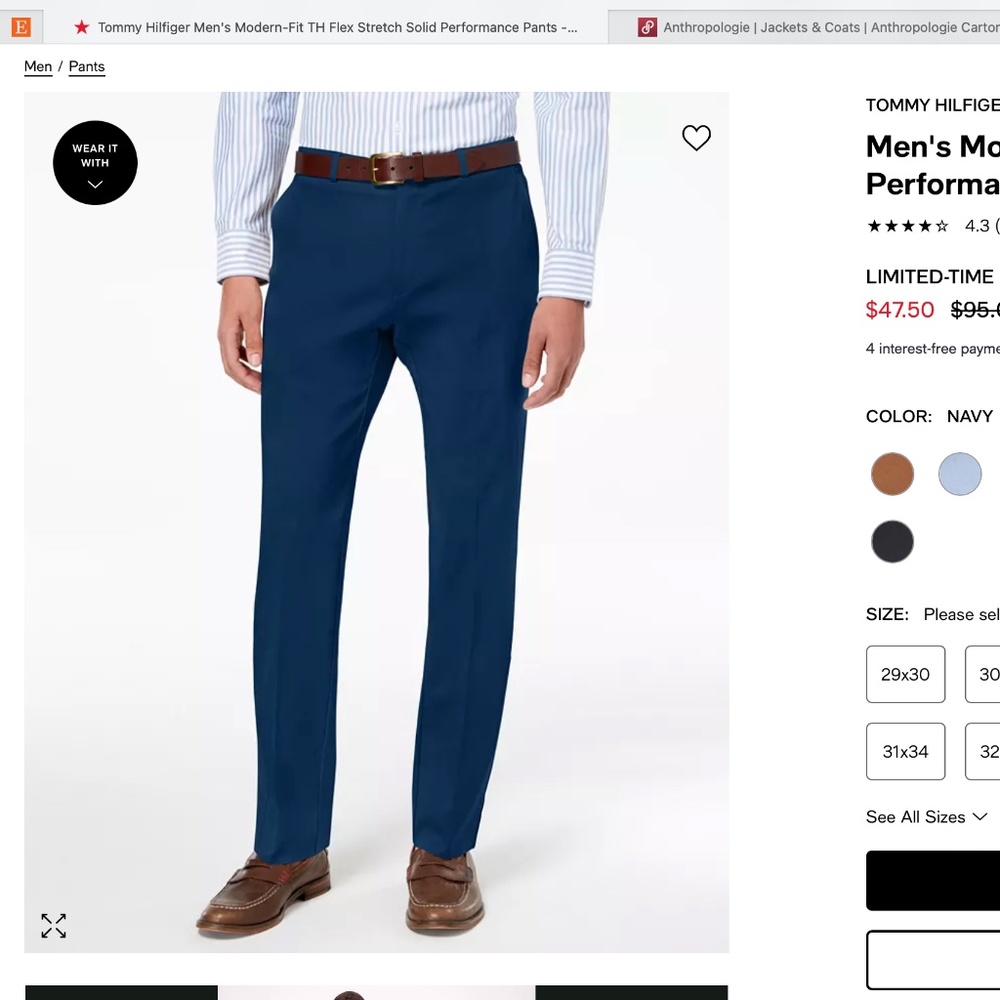 Men's Modern-Fit Flex Stretch Solid Performance Pants 32x32 navy Tommy Hilfiger